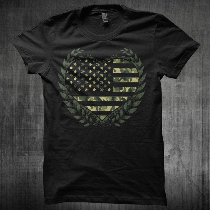 Camo Flag Heart t shirt designs for merch teespring and printful
