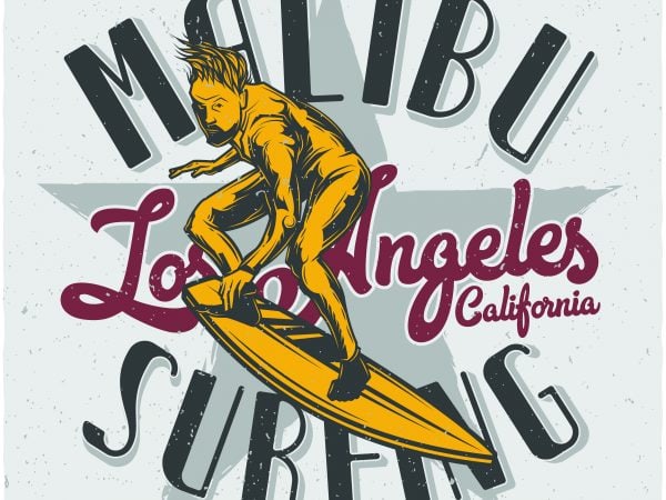 Malibu surfing vector t-shirt design for commercial use