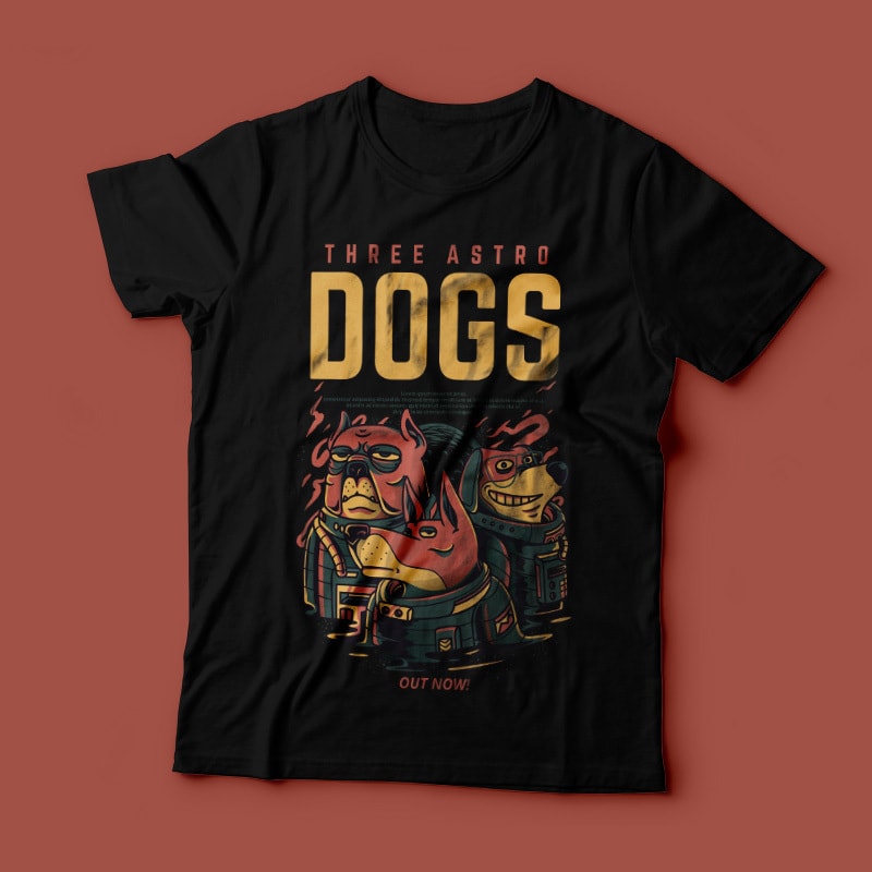 Three Astro Dogs t shirt designs for merch teespring and printful