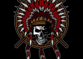 Native American Indian Feather headdress with Human Skull T-shirt Template Design vector illustration