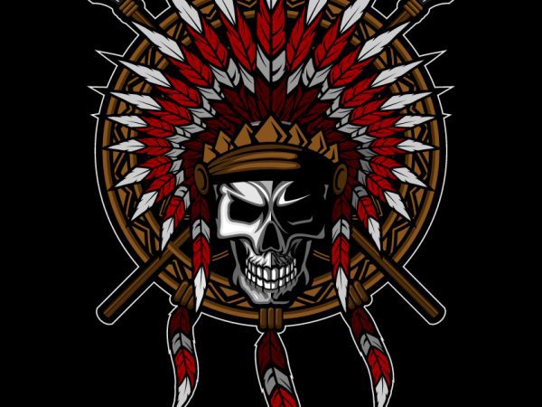 Native american indian feather headdress with human skull t-shirt template design vector illustration