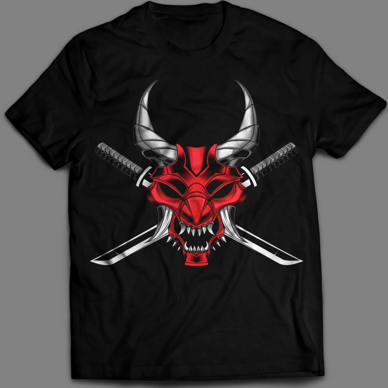 Samurai mask and Katana T-shirt design template t shirt designs for printful