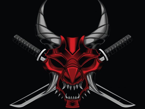 Samurai mask and katana t-shirt design template