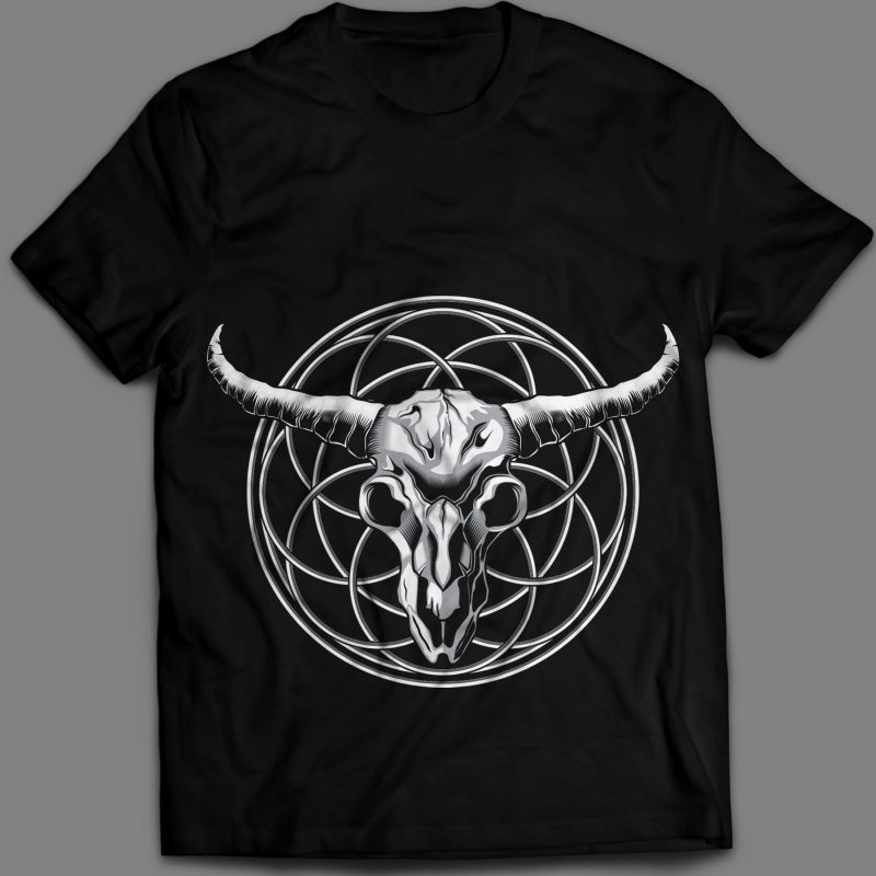 Skull Bull Head artistic on circle ornament t-shirt design vector illustration t shirt designs for printful