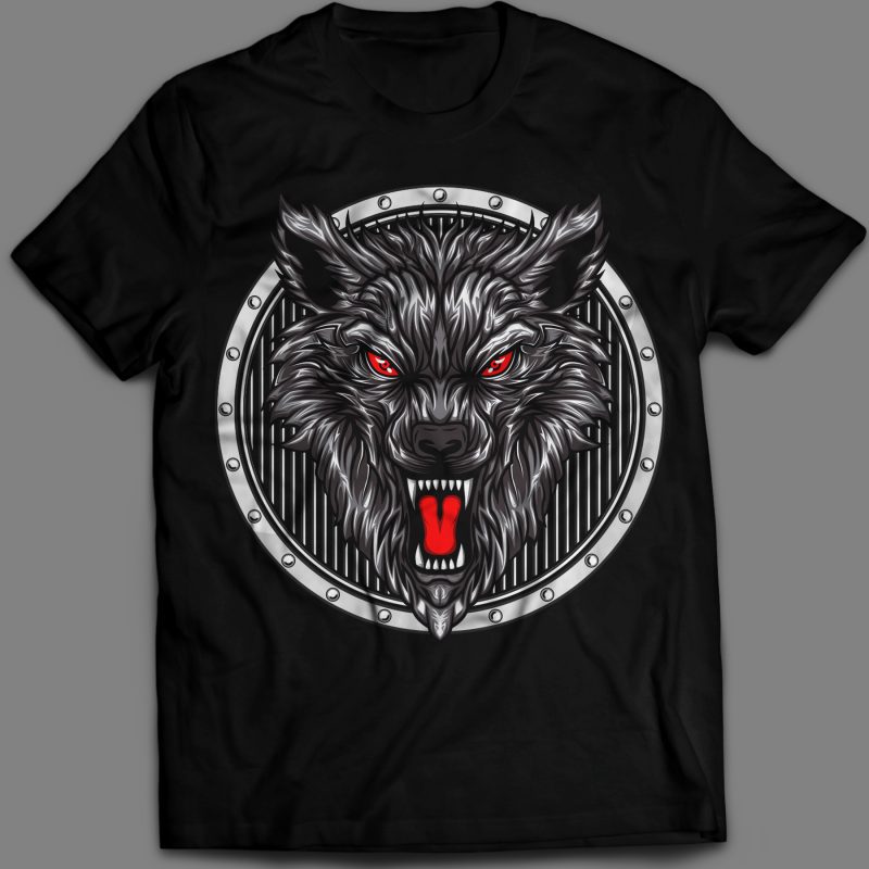 angry wolf head in circle ornament t-shirt vector illustration t shirt designs for printful