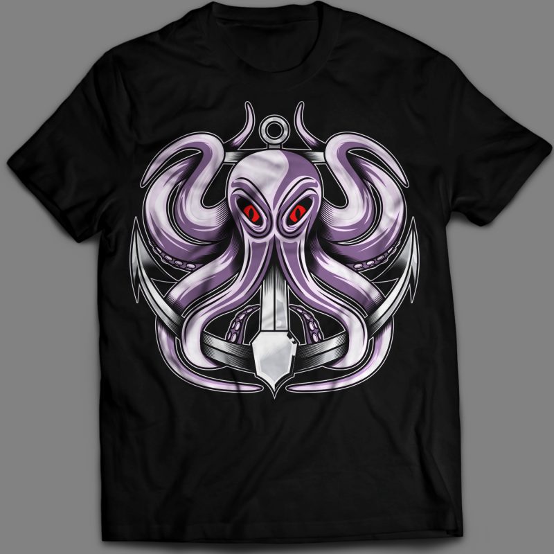 octopus and anchor vector illustration t-shirt template tshirt design for merch by amazon