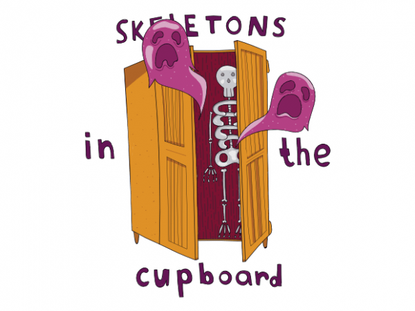Skeletons in the cupboard scary halloween t shirt design with ghosts