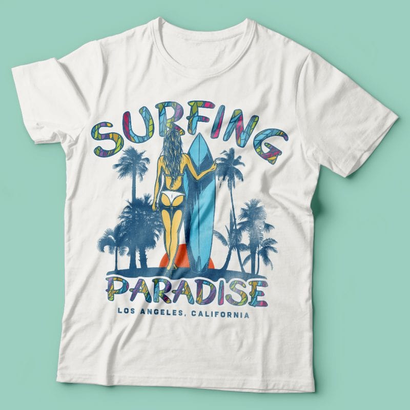 Surfing paradise. Vector T-Shirt Design t shirt designs for printify