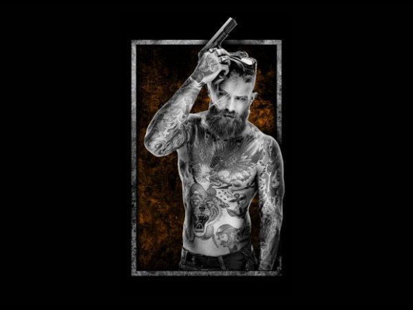 Graphic t-shirt design man holding a gun,ful tatto Graphic t-shirt design man holding a gun,ful tatto