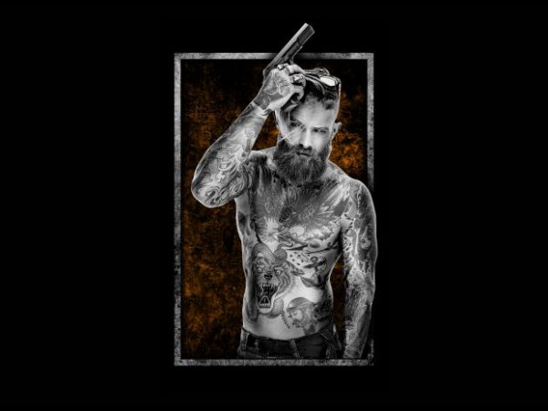 Graphic t-shirt design man holding a gun,ful tatto