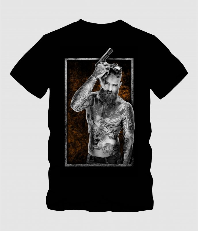 Graphic t-shirt design man holding a gun,ful tatto tshirt-factory.com