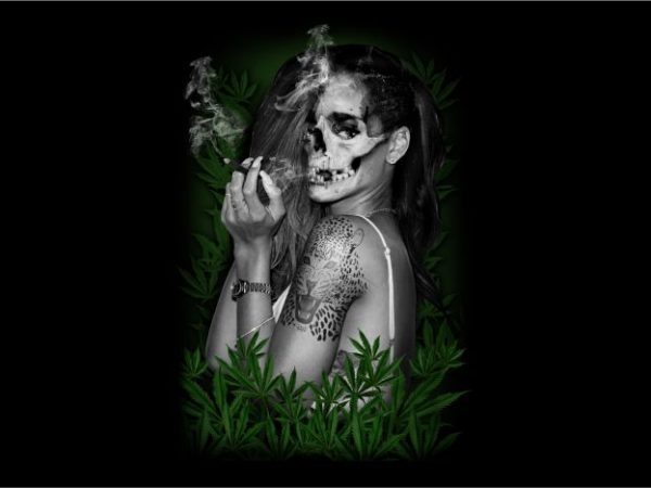 Ladies skull with marijuana t-shirt design for commercial use