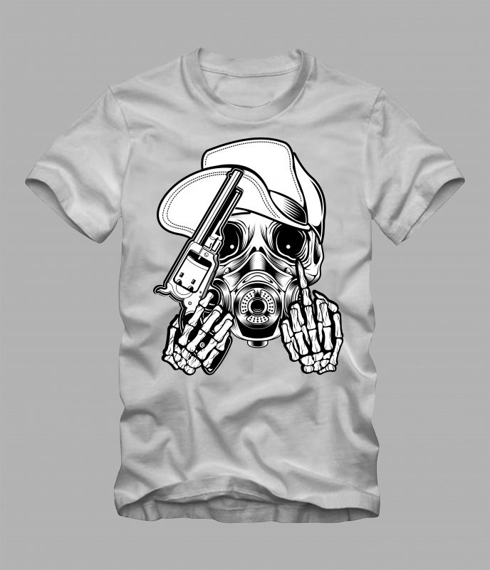skull wearing a hat holding a gun commercial use t shirt designs