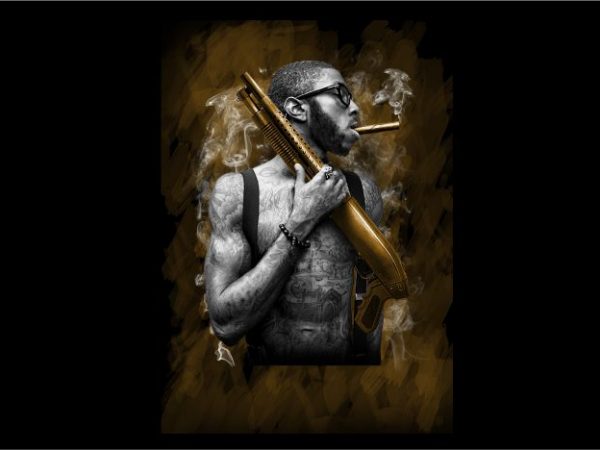 Man with tatoo handling shotgun buy t shirt design for commercial use