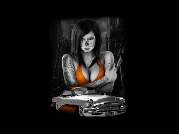 Sexy girl with classic car graphic t-shirt design