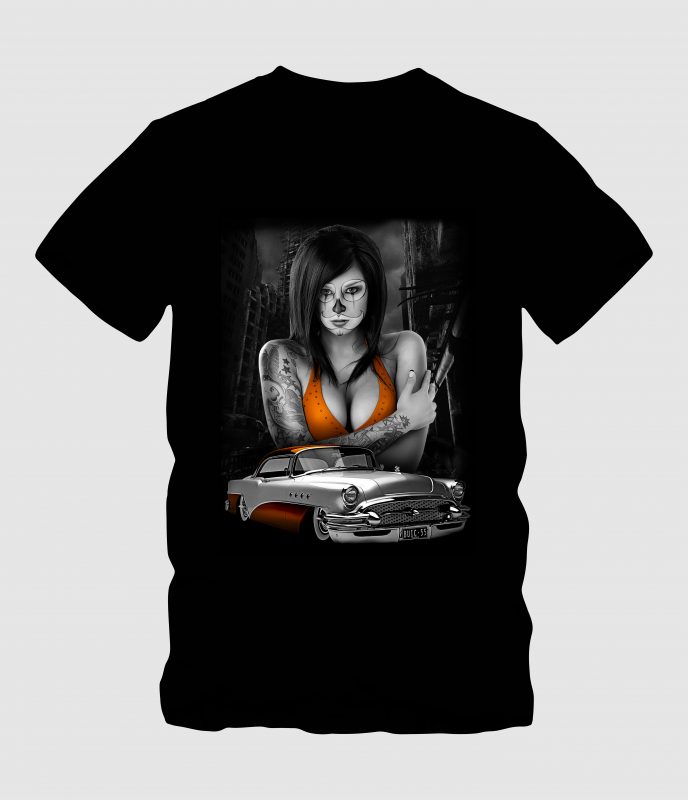 Sexy Girl with Classic Car commercial use t shirt designs