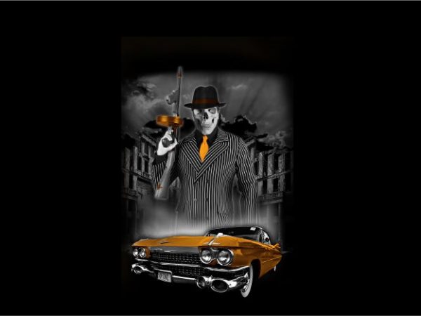 Skull gangster mafia with car t-shirt design for commercial use
