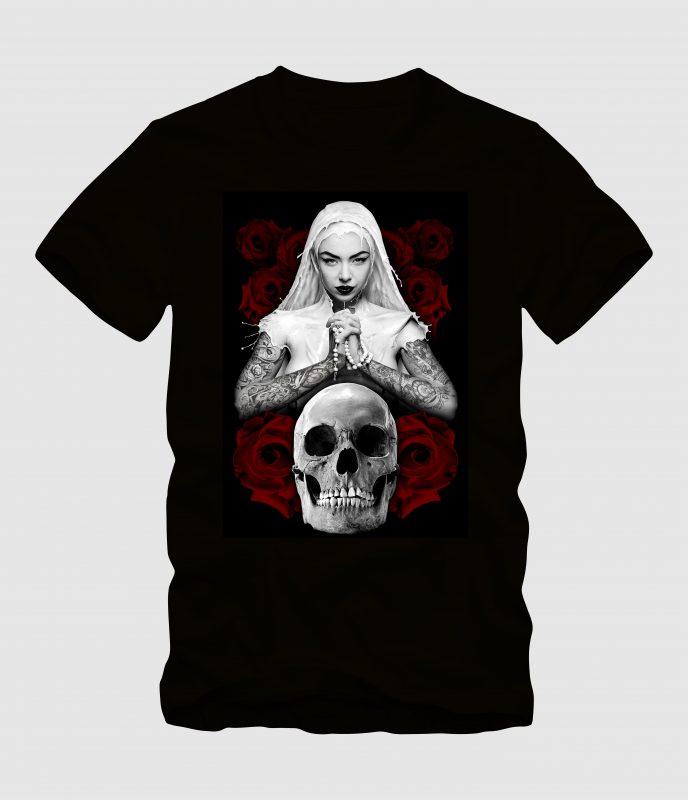 The Nun Praying with Skull t shirt designs for printful