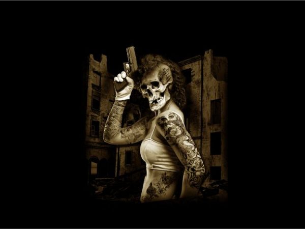 Woman with skull head handling pistol graphic t-shirt design