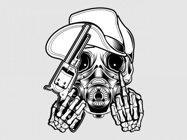 Skull wearing a hat holding a gun commercial use t-shirt design