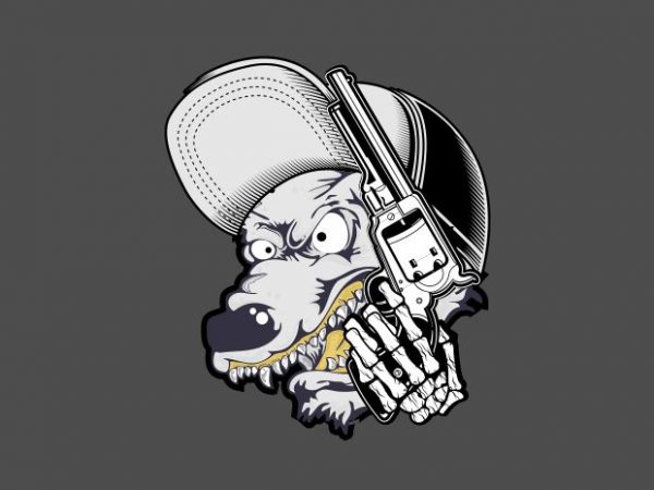 Wolf wearing cap and holding gun t shirt design for sale