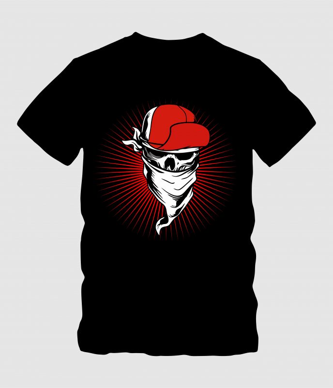 Skull Wearing Cap and Bandana vector shirt designs