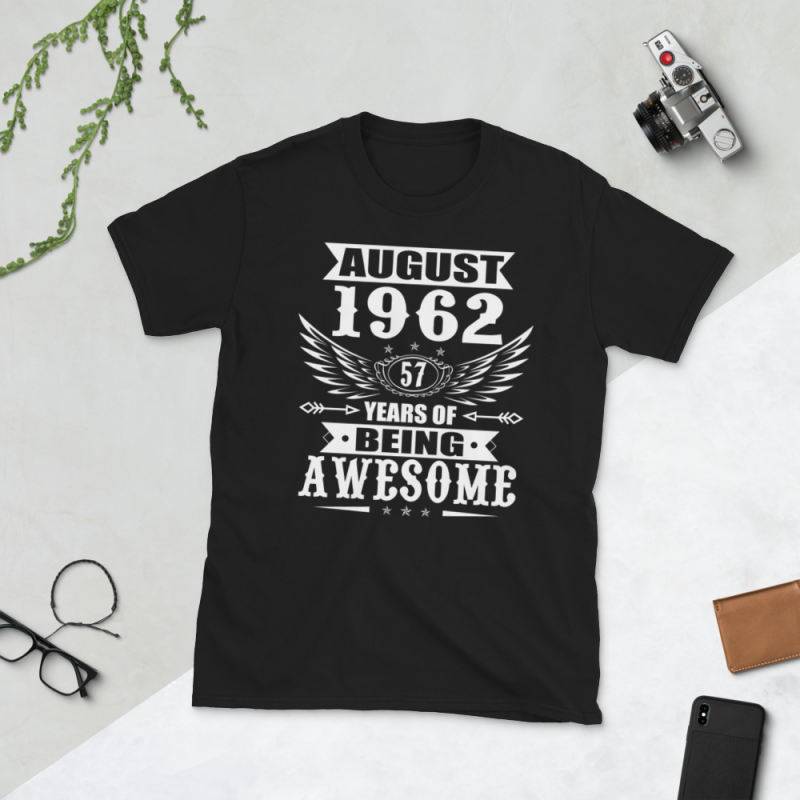 Birthday Tshirt Design – Age Month and Birth Year – August 1962 57 Years Awesome vector t shirt design