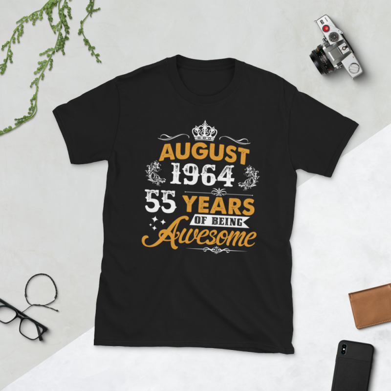 Birthday Tshirt Design – Age Month and Birth Year – August 1964 55 Years Awesome vector t shirt design