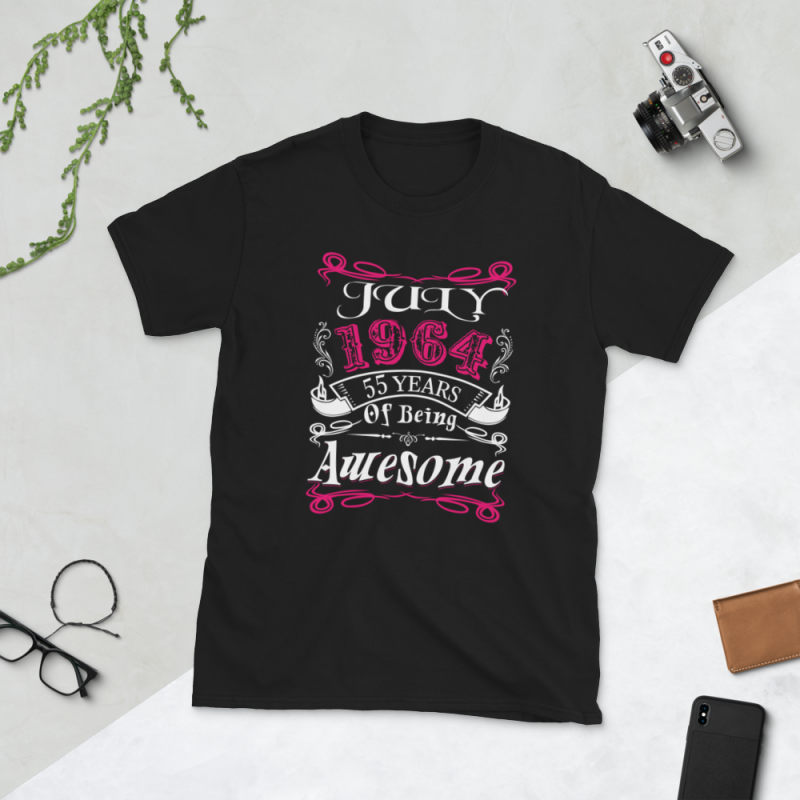 Birthday Tshirt Design – Age Month and Birth Year – July 1964 55 Years Awesome t shirt designs for merch teespring and printful