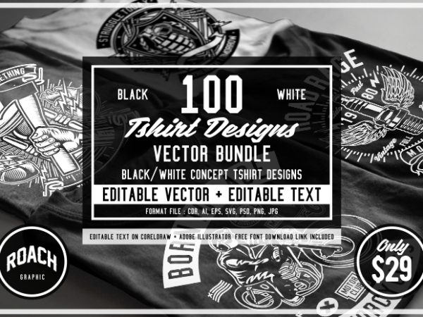 100 tshirt design bundle black and white concept #1