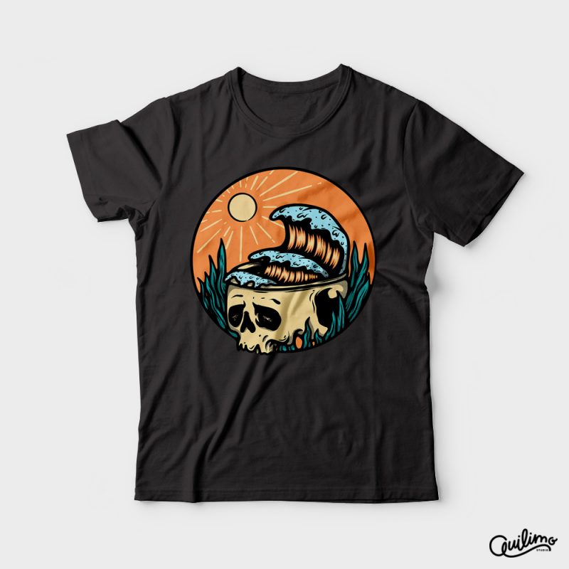 Skull and Wave t shirt design png