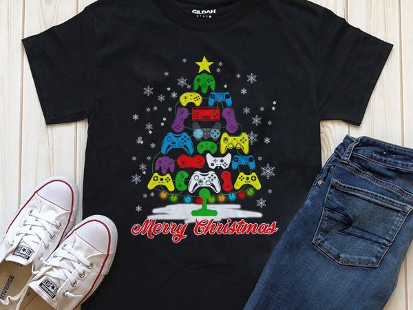 Merry christmas gaming t-shirt design png psd