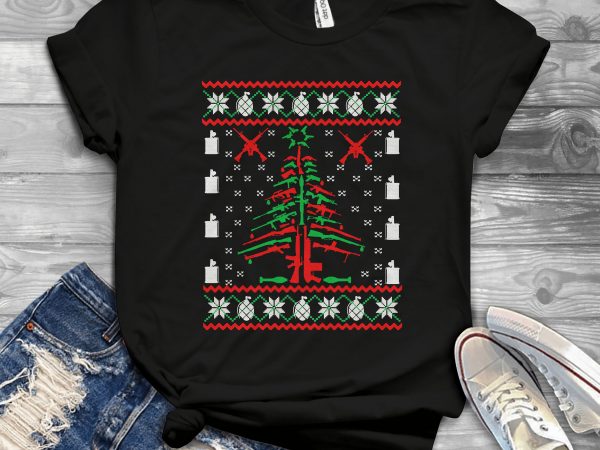 Gun christmas tree t shirt design template
