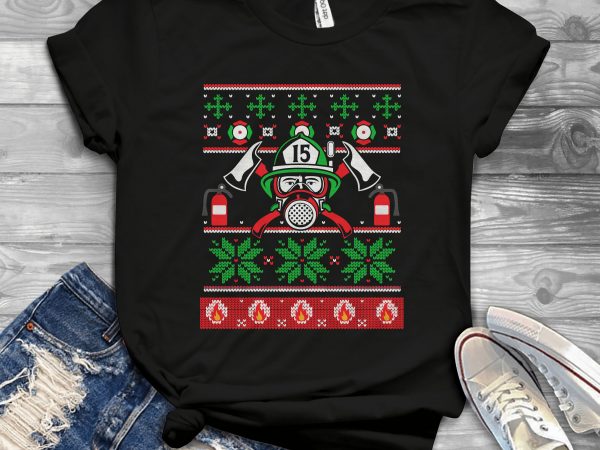 Ugly sweater firefighter t-shirt design for commercial use Ugly sweater firefighter t-shirt design for commercial use
