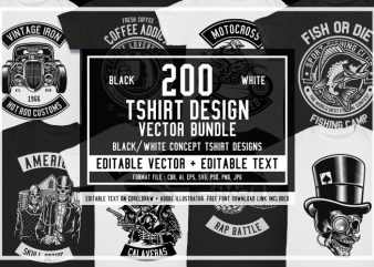 200 Tshirt Design Bundle Black and White Concept #2