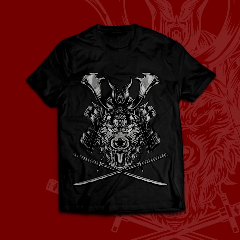 Samurai x Wolf T-Shirt Design tshirt designs for merch by amazon
