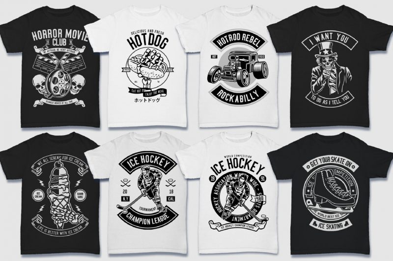 200 Tshirt Design Bundle Black and White Concept #2