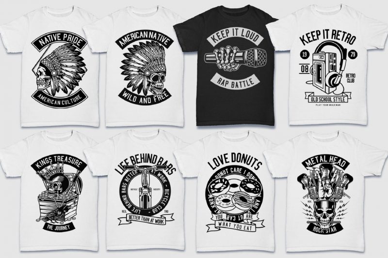 200 Tshirt Design Bundle Black and White Concept #2