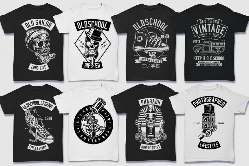 200 Tshirt Design Bundle Black and White Concept #2