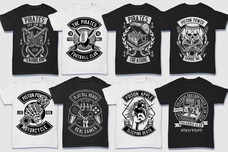 200 Tshirt Design Bundle Black and White Concept #2