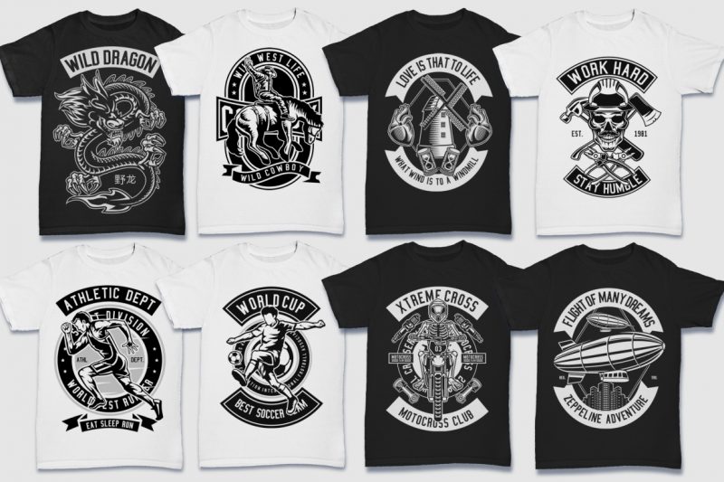 200 Tshirt Design Bundle Black and White Concept #2