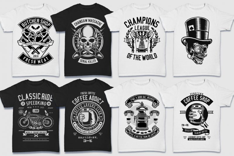 200 Tshirt Design Bundle Black and White Concept #2