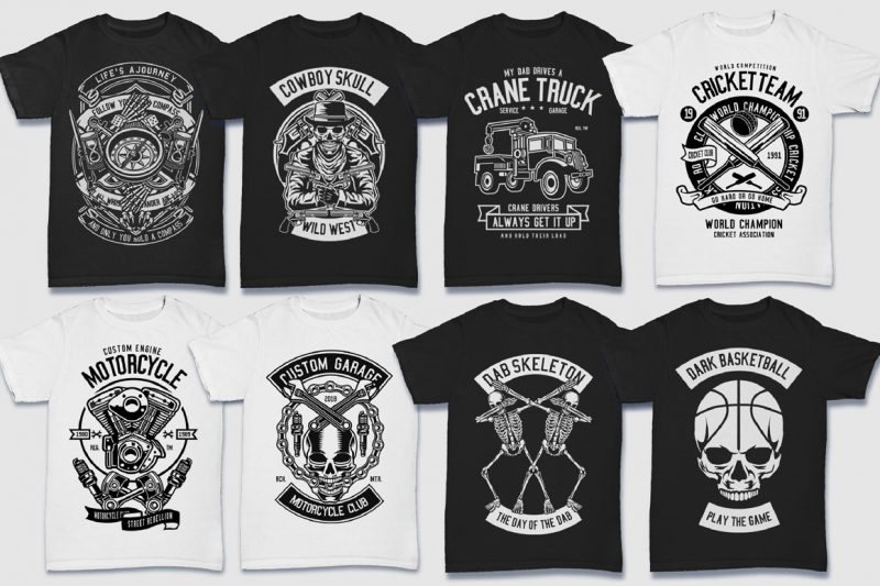 200 Tshirt Design Bundle Black and White Concept #2