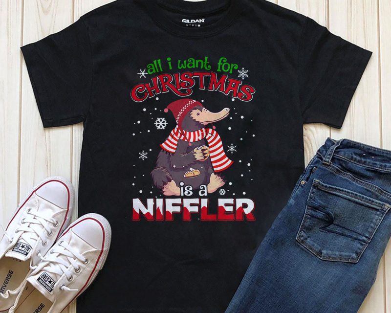 All I want for Christmas is a Niffler T-shirt design PNG editable text with photoshop t shirt designs for printful