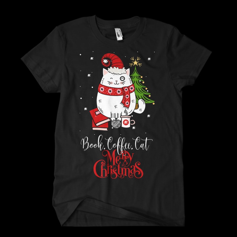 book,coffee,cat,Christmas t shirt designs for printify