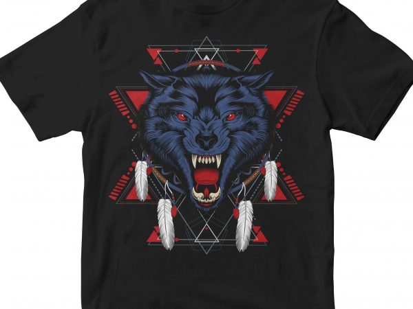 Night indian wolf head geometric tshirt design vector