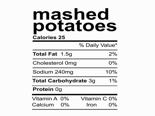 Mashed potatoes nutrition facts thanksgiving costume svg, png, dxf, eps file, mashed potatoes svg, png, dxf, eps file commercial use t-shirt design