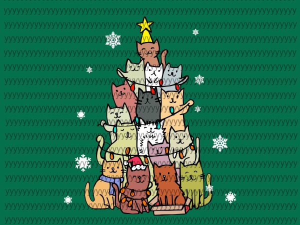 Merry catmas tree svg, ugly christmas sweater cat tree – funny xmas cat svg, png, dxf, eps file vector t-shirt design template