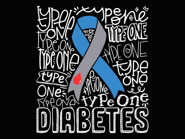 Grey and blue ribbon typography type 1 diabetes awareness png, svg, dxf, eps file commercial use t-shirt design