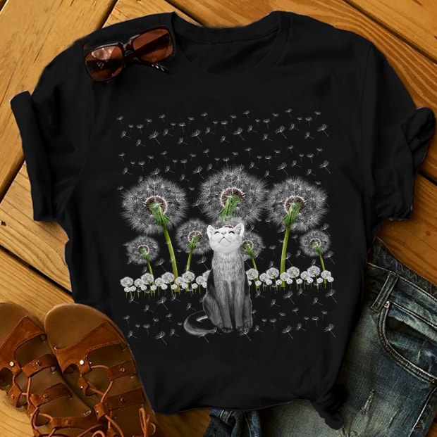 Cat and dandelion tshirt design for sale